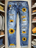 Floral Print Denim Jeans Women Slim Fit Stretchy Vibrant Flower Design Elegant Casual Spring Fall Jeans S-XXL