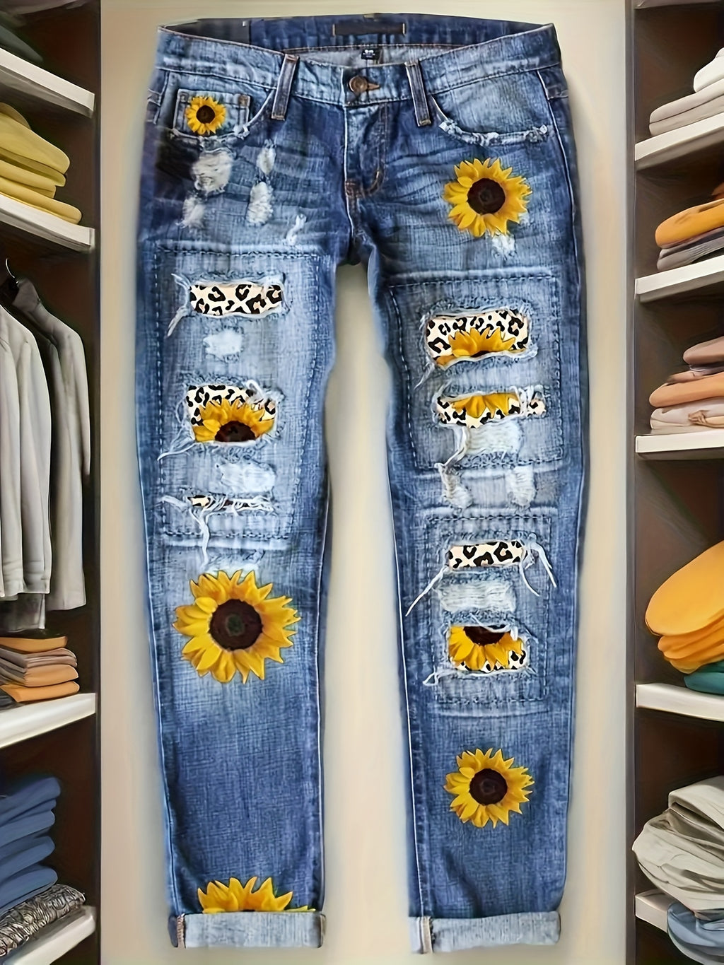 Floral Print Denim Jeans Women Slim Fit Stretchy Vibrant Flower Design Elegant Casual Spring Fall Jeans S-XXL