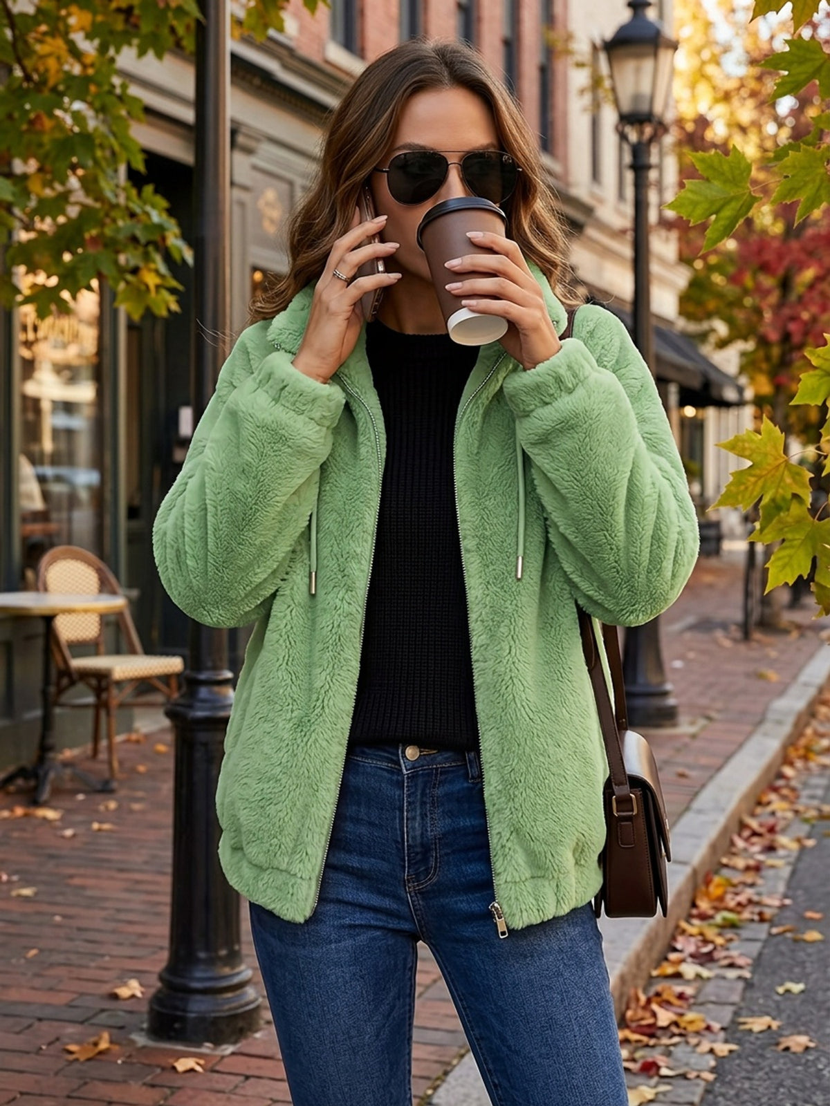 Plush Hooded Zip-Up Jacket for Women Solid Color Fuzzy Sherpa Coat Warm Winter Casual Daily
