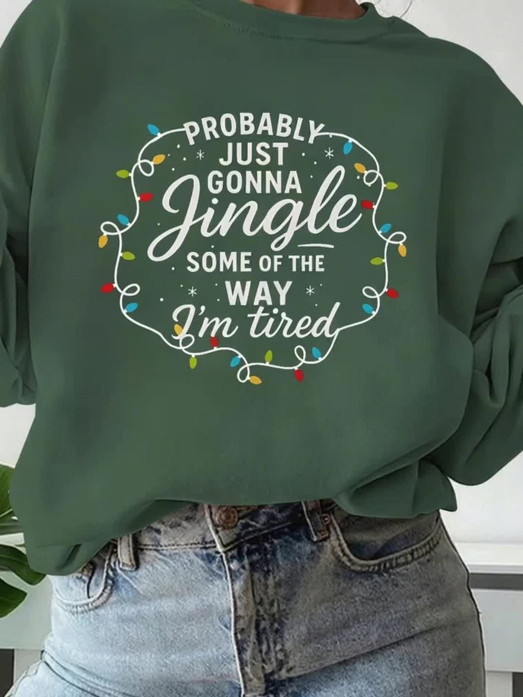 Funny Christmas Sweatshirt Jingle Tired Xmas Graphic Pullover Women Casual Holiday Sweater Light Grey Green