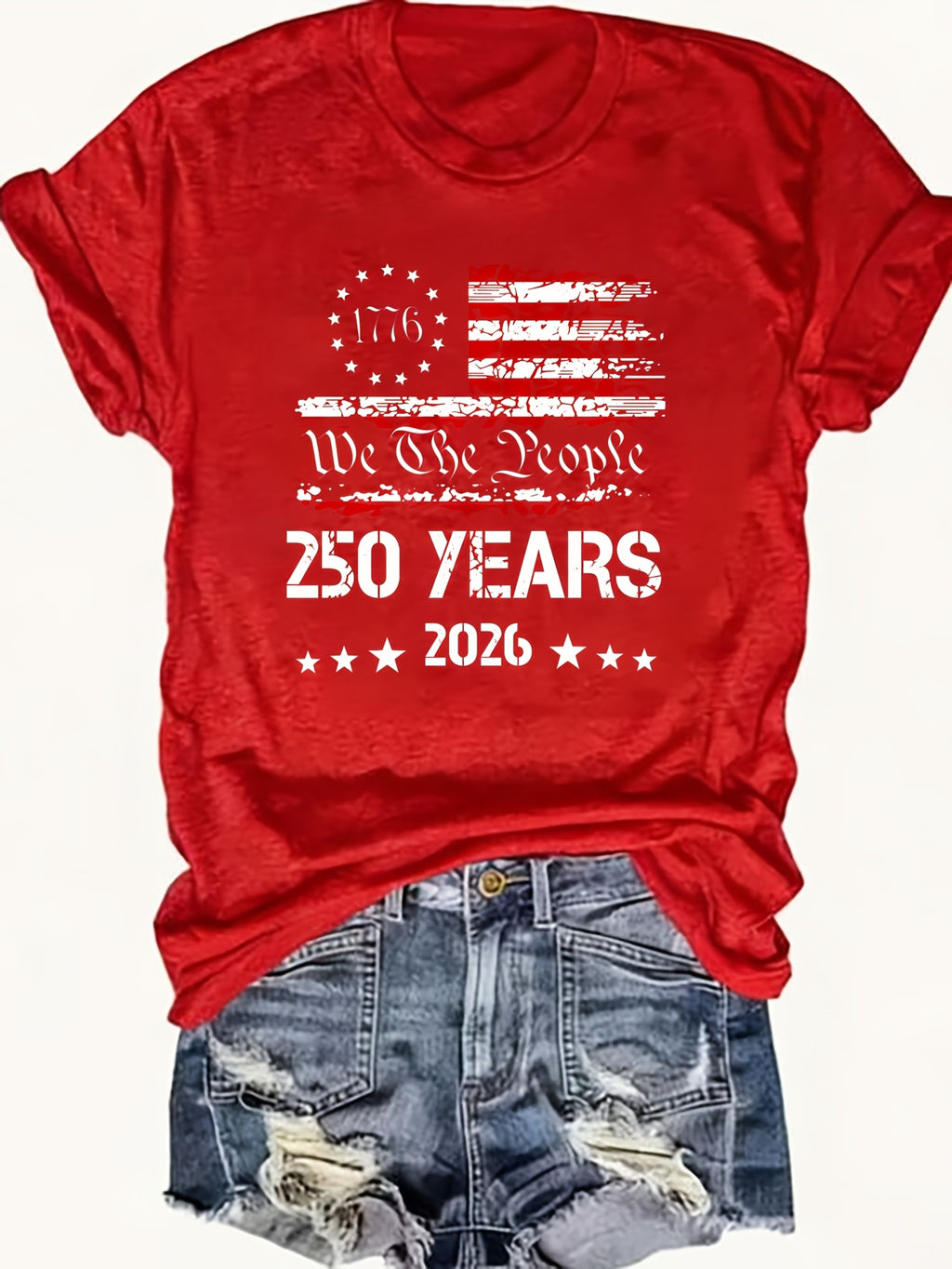 250 Years 2026 We The People Women's T-Shirt - Patriotic Flag Print Crew Neck Short Sleeve Pullover, Soft Comfortable Regular Fit Tee for USA Anniversary Celebrations