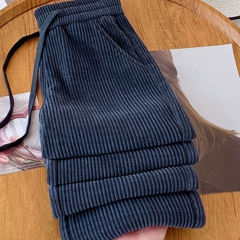Corduroy High Waist Straight Leg Pants for Women – 100% Polyester Smooth Texture Loose Comfortable Fit, Solid Color Casual Four-Season Woven Trousers, Classic Versatile Everyday Bottoms S-XXL