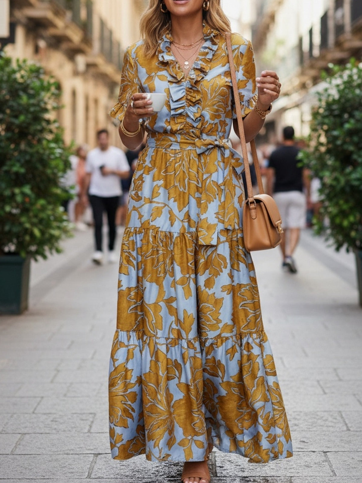 Floral Print Maxi Dress Women V-Neck Ruffle Chest Belted Waist Tiered Skirt with Pockets | Blue Yellow Short Sleeve Summer Dress