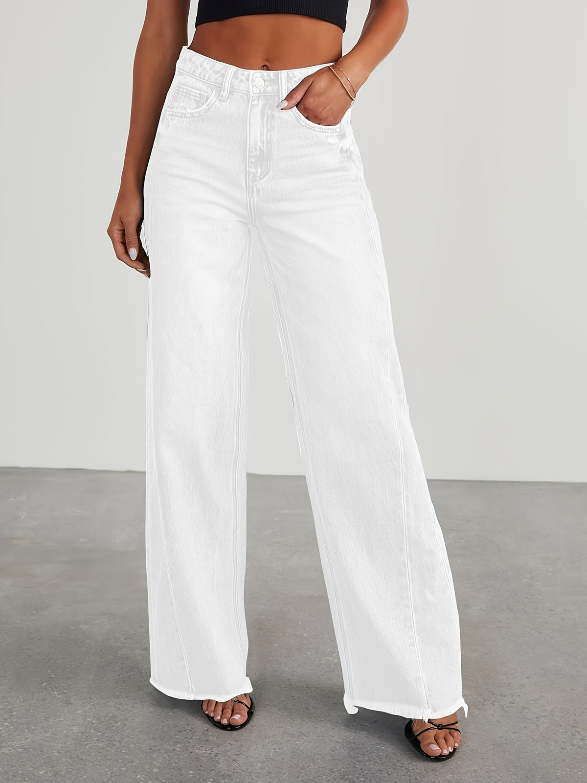 High-Waisted Wide Leg Jeans for Women - Casual Baggy Stretch Denim Pants with Pockets, Relaxed Fit Solid Color Trousers for Everyday & Weekend Wear
