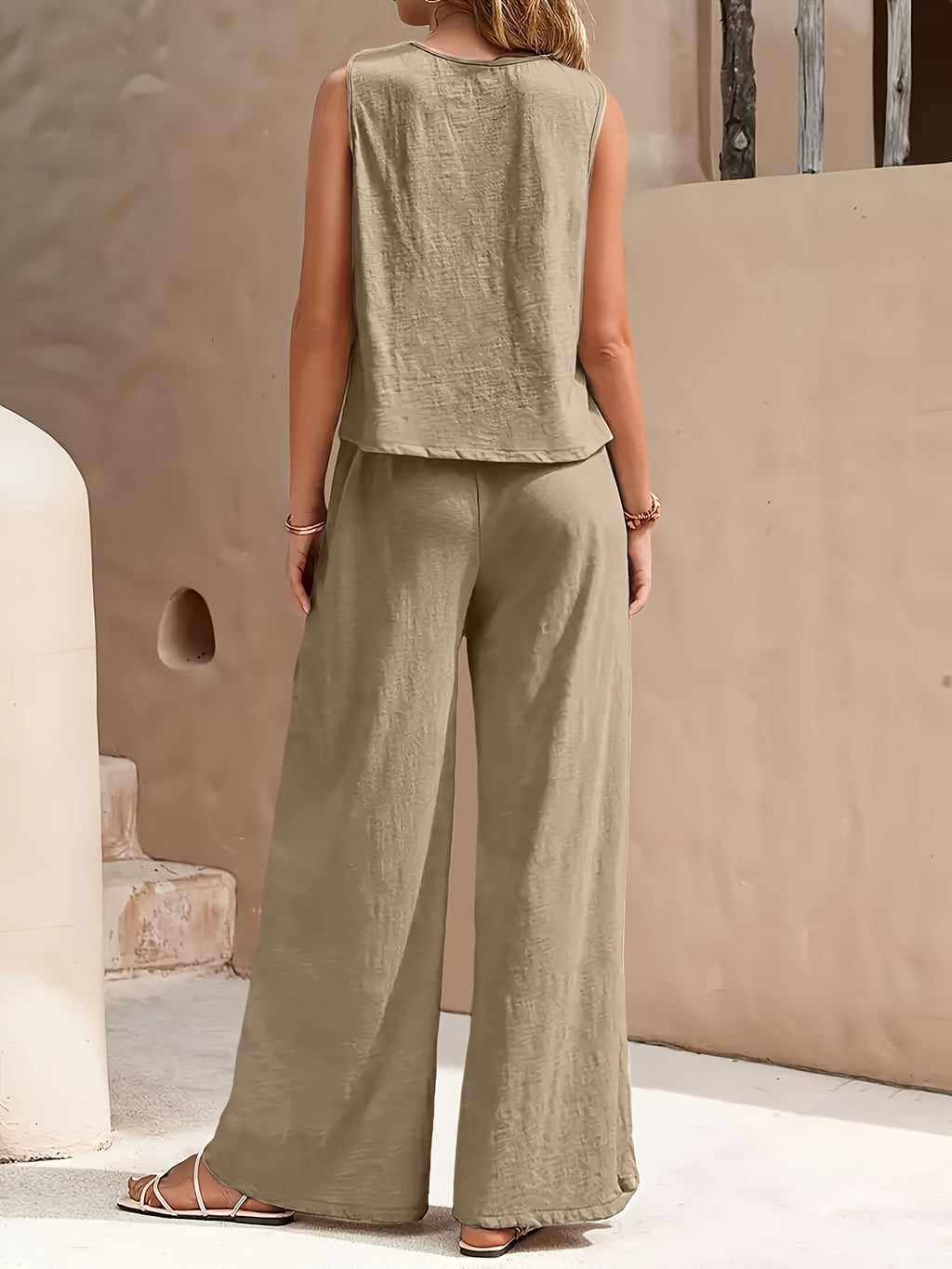 Red Sleeveless Top and Wide Leg Pants 2 Piece Set for Women – Solid Color Smooth Fabric Casual Elegant, Spring Summer, Sizes S-XXL