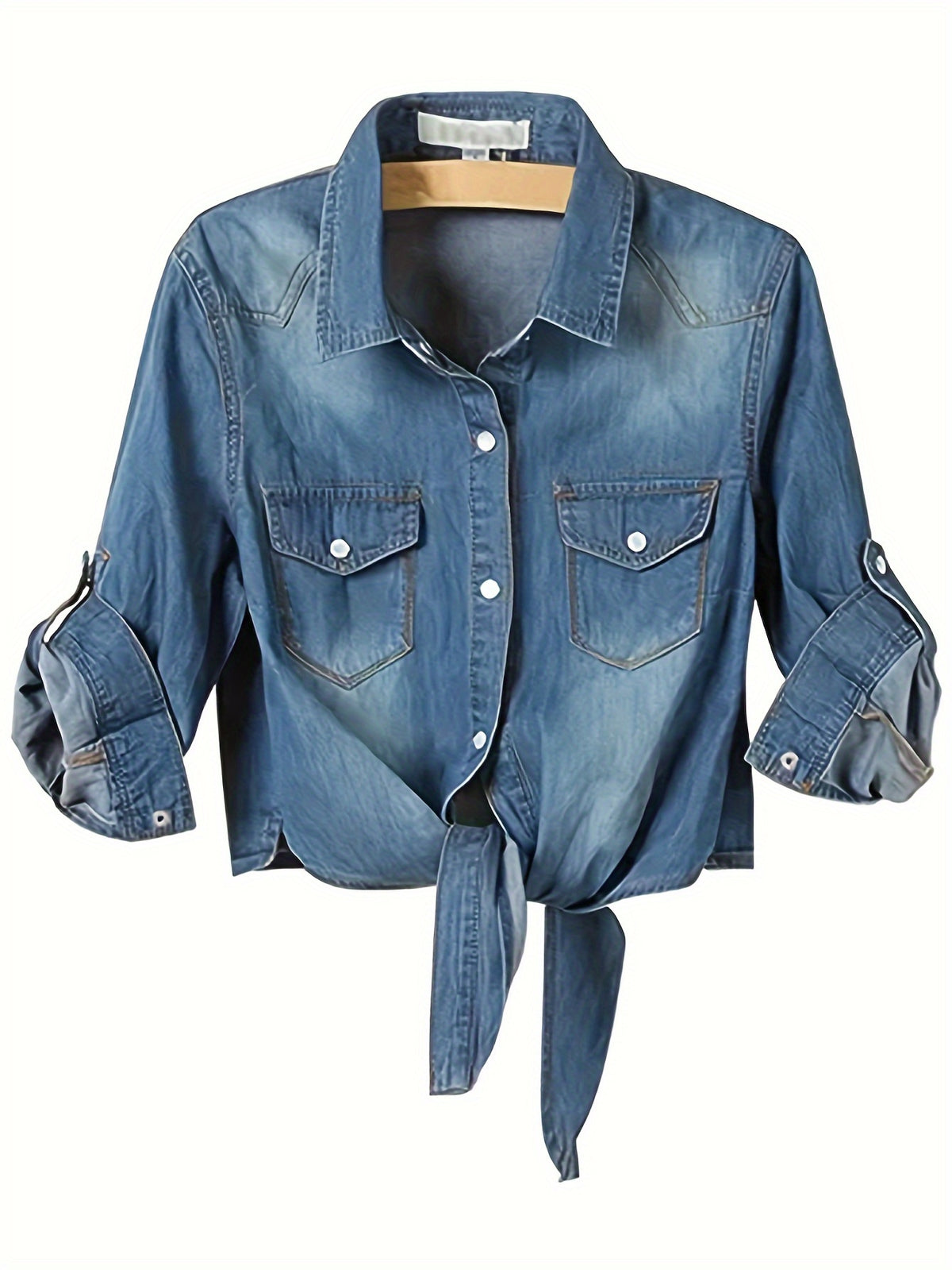 Women's Roll-Up 3/4 Sleeve Tie Front Knot Shirt Chambray Denim Crop Top Button Detail White Blue XS-XXL