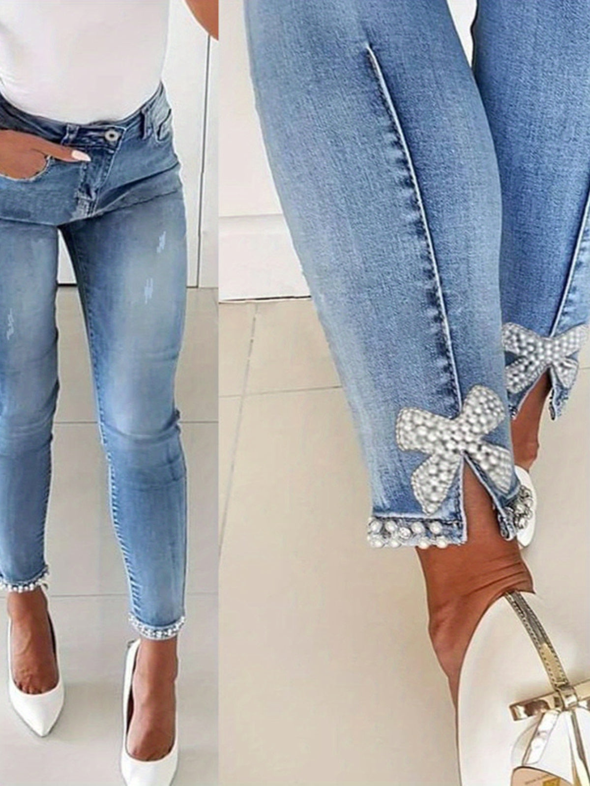 Butterfly Applique Bead Embellished Skinny Pencil Pants Women Split Hem Elegant Dressy Trousers Light Blue Blue S-XXL