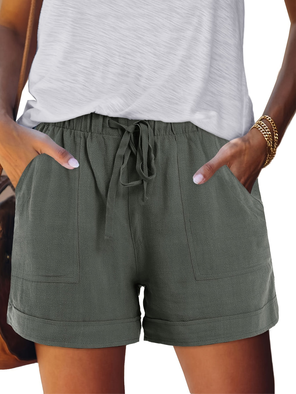 Women's Drawstring Elastic Waist Casual Shorts with Pockets Summer Beach Lightweight Loose Fit Short Pants Pure Color S-XXL