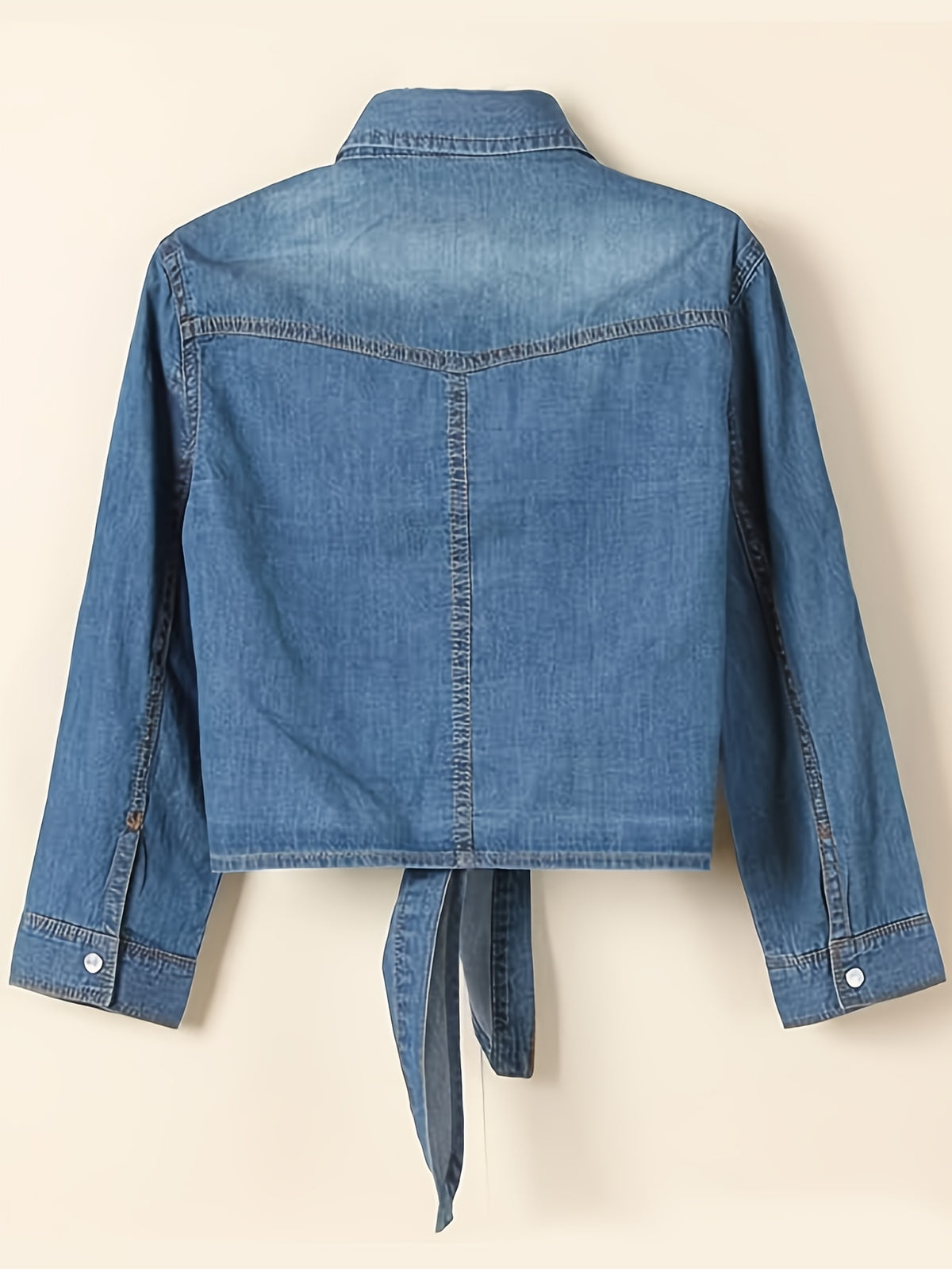 Women's Roll-Up 3/4 Sleeve Tie Front Knot Shirt Chambray Denim Crop Top Button Detail White Blue XS-XXL