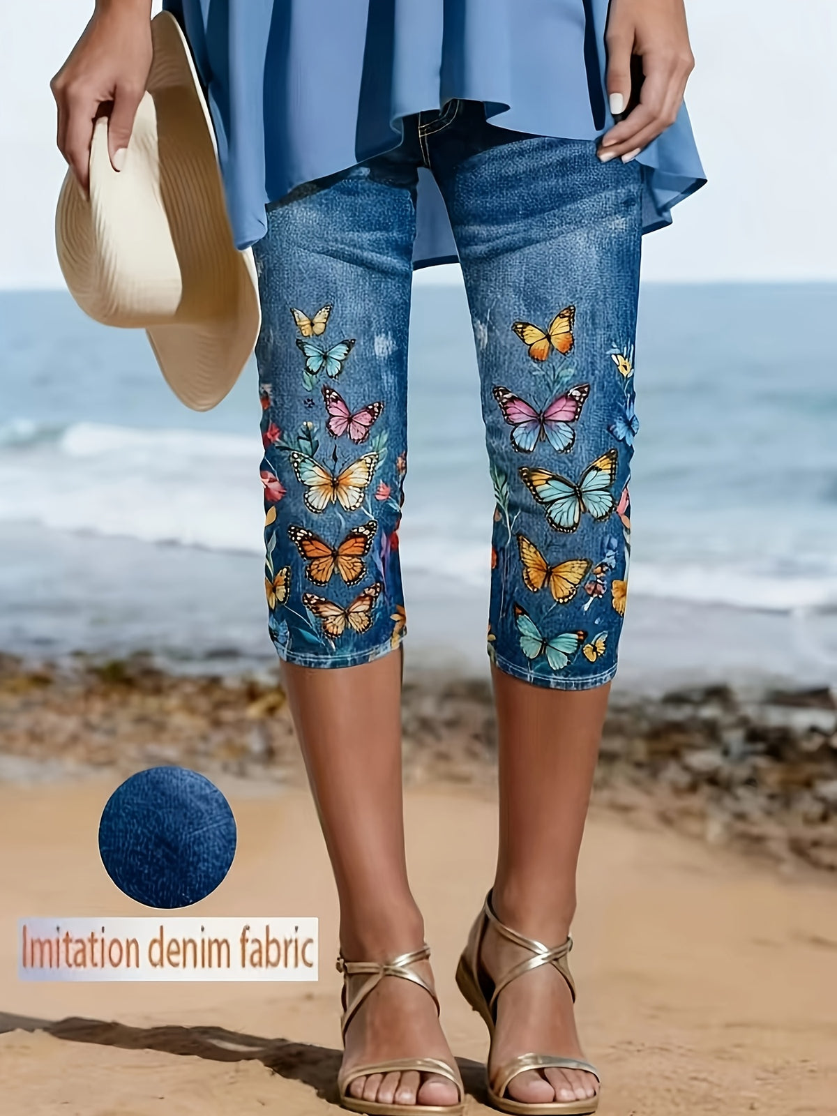Butterfly Print Shorts Women Stretch Mid-Length Royal Blue Spring Summer Beach Casual Vacation S-XXL