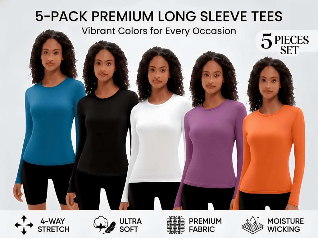 5-Pack Long Sleeve Women T-Shirts V-Neck Moisture-Wicking Breathable High Stretch Outdoor Solid Color Top Four Seasons Assorted Colors