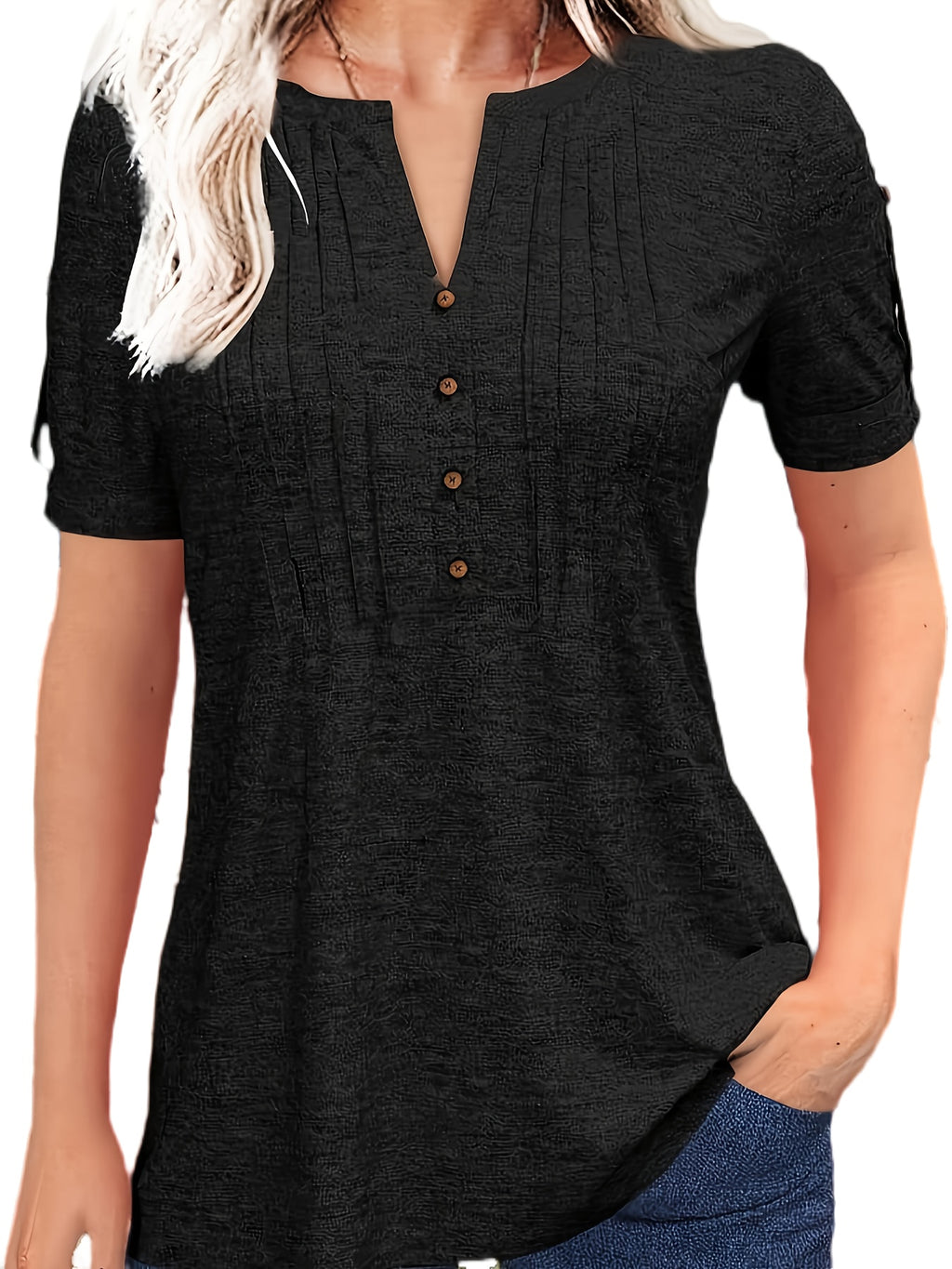 Pleated V-Neck T-Shirt Women Solid Color Short Sleeve Button-Up Casual Summer Top 60% Polyester Viscose Micro-Elastic Smooth Knit Tunic Versatile Daily Wear S-XXL