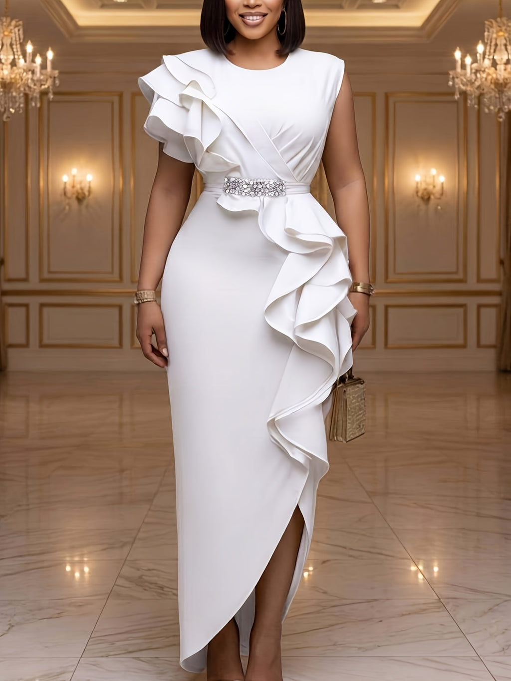 Mermaid Fishtail Dress Women Ruffled Waist Sleeveless Slit Formal Evening Wedding Prom Elegant Solid Color Round Neck