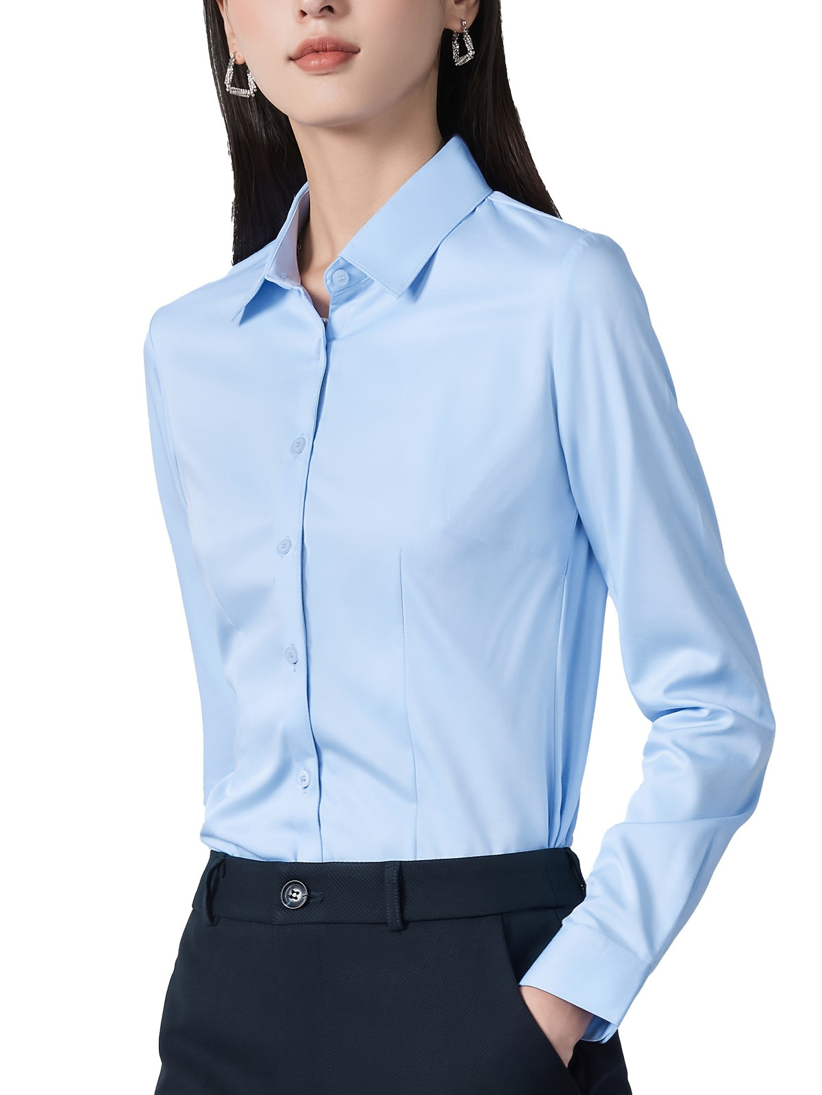 Square Collar Button-Front White Shirt for Women – Classic Long Sleeve Office Blouse in Soft Polyester Elastane, Professional Work Attire All-Season Top