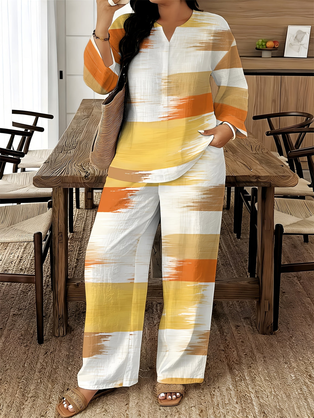 V-Neck Long Sleeve Printed Shirt Pants 2pcs Set Women Floral Digital Print Elastic Waist Casual Loungewear Spring Summer Two-Piece Outfit 15 Colors S-XXL