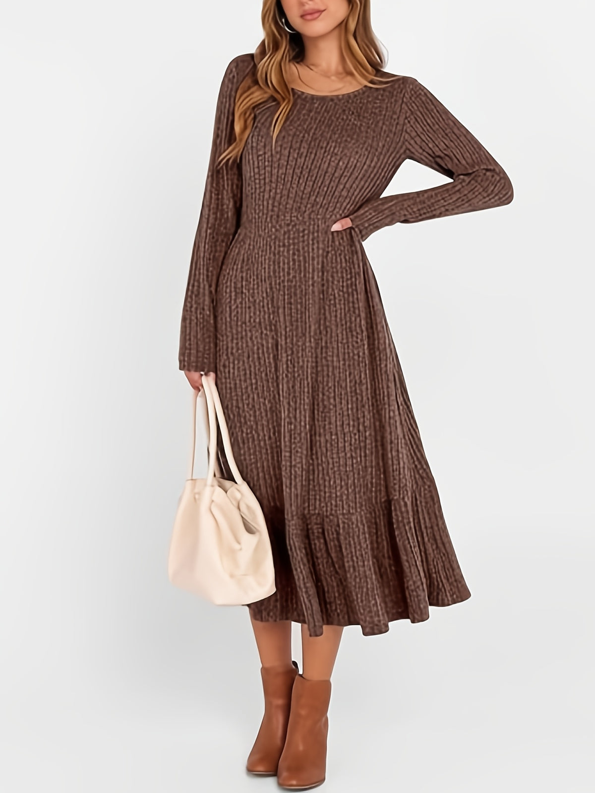 Women's Crew Neck Ribbed Waist Maxi Dress | Flattering Knit Dress for Fall Winter | Mira Roam