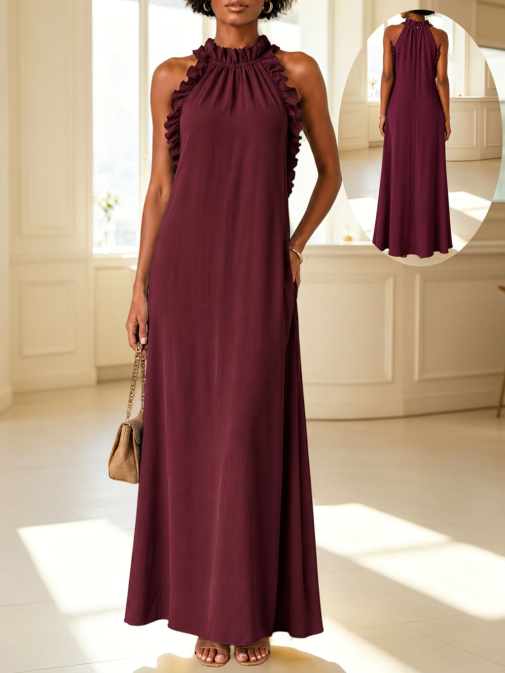 Halter Neck Sleeveless Dress Women Ruffle Leaf Edge Loose Casual Summer Vacation Dress | Mira Roam