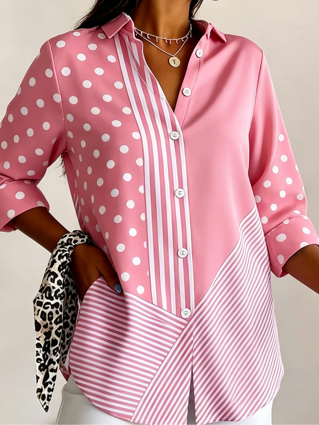 Polka Dot Buttoned Shirt Women Long Sleeve Elegant Pink White Casual Top XXS-XXL