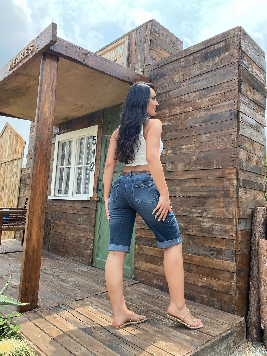 Cargo Capri Jeans Women Heavy Wash Splicing Design Elastic Fabric Hip Lifting Medium Blue Summer Leisure 5 Point Denim Shorts S-XXL