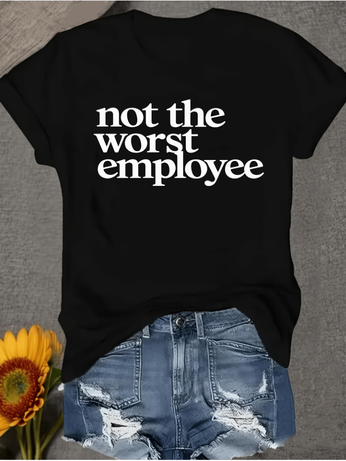 Funny Work Slogan T-Shirt Women Cartoon Print Crew Neck Short Sleeve Casual Humor Graphic Tee Not The Worst Employee Machine Washable Minimalist Office Gift Top S-XXL