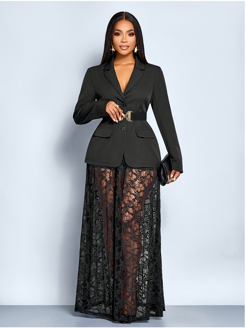 Women's Black Waist-Cinching Suit Long Dress Set Elegant Luxurious 2pcs Outfit for Daily Outing Formal Light Occasions
