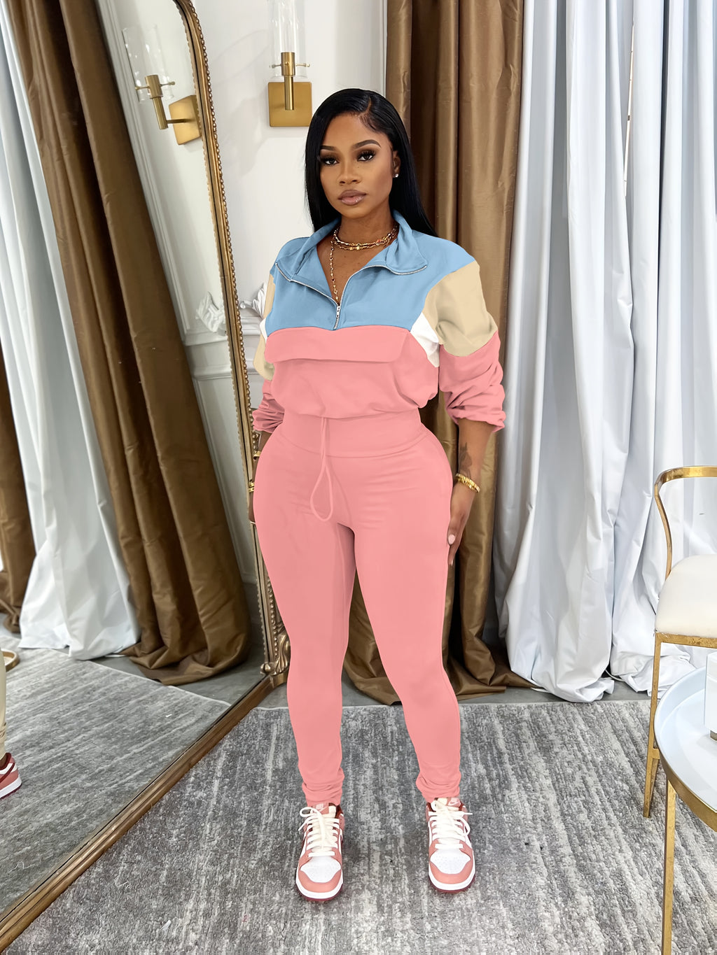 Lapel Crew Neck Sweatsuit Set for Women – Half-Zip Long Sleeve Sweatshirt & Sweatpants 2-Piece Casual Outfit, Solid Color Fall Winter Loungewear