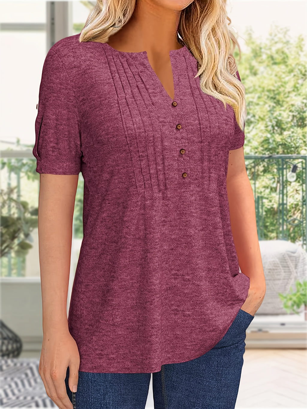 Button Front V-Neck Top Women Pleated Detail Short Sleeve Solid Color Casual Summer Blouse Lightweight Breathable Machine Washable