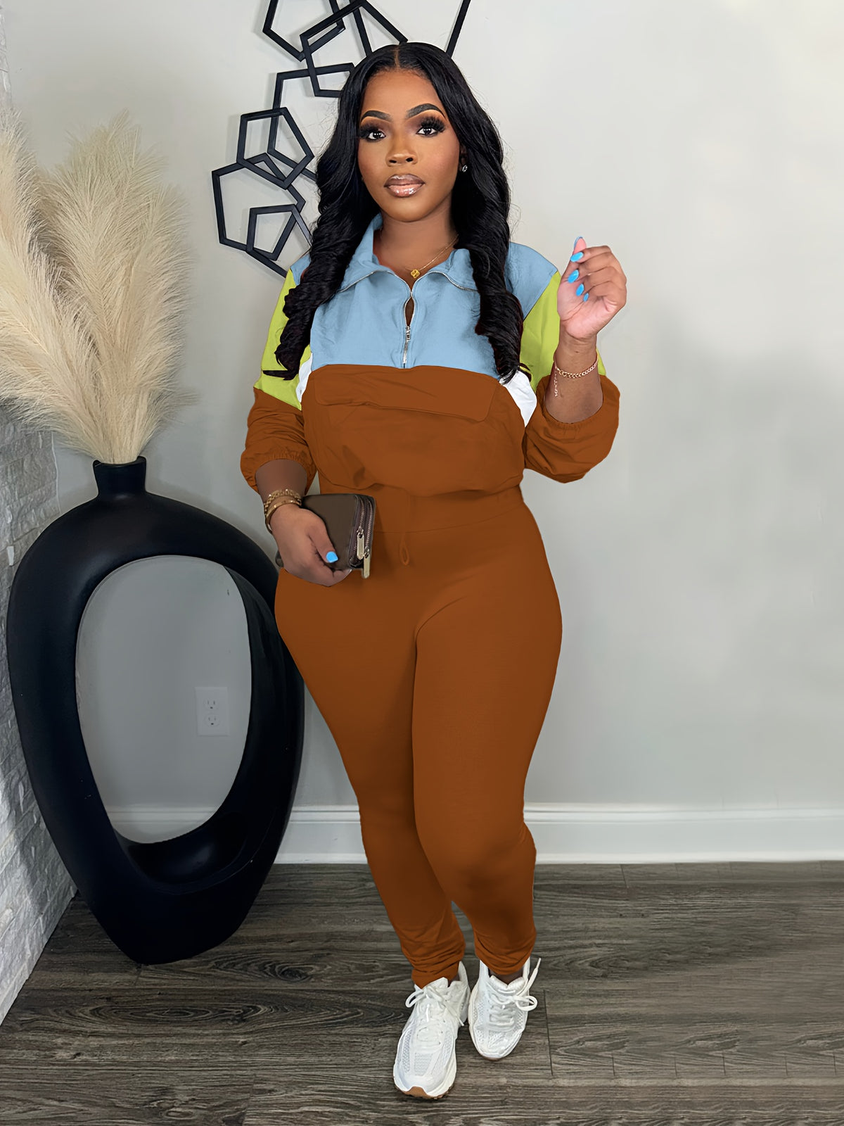 Lapel Crew Neck Sweatsuit Set for Women – Half-Zip Long Sleeve Sweatshirt & Sweatpants 2-Piece Casual Outfit, Solid Color Fall Winter Loungewear