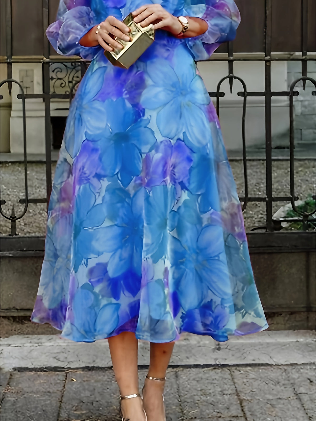 Floral Print Chiffon Maxi Dress Women Ombre Gradient Long Sleeve Back Zipper Flowy Wedding Guest Party Dress