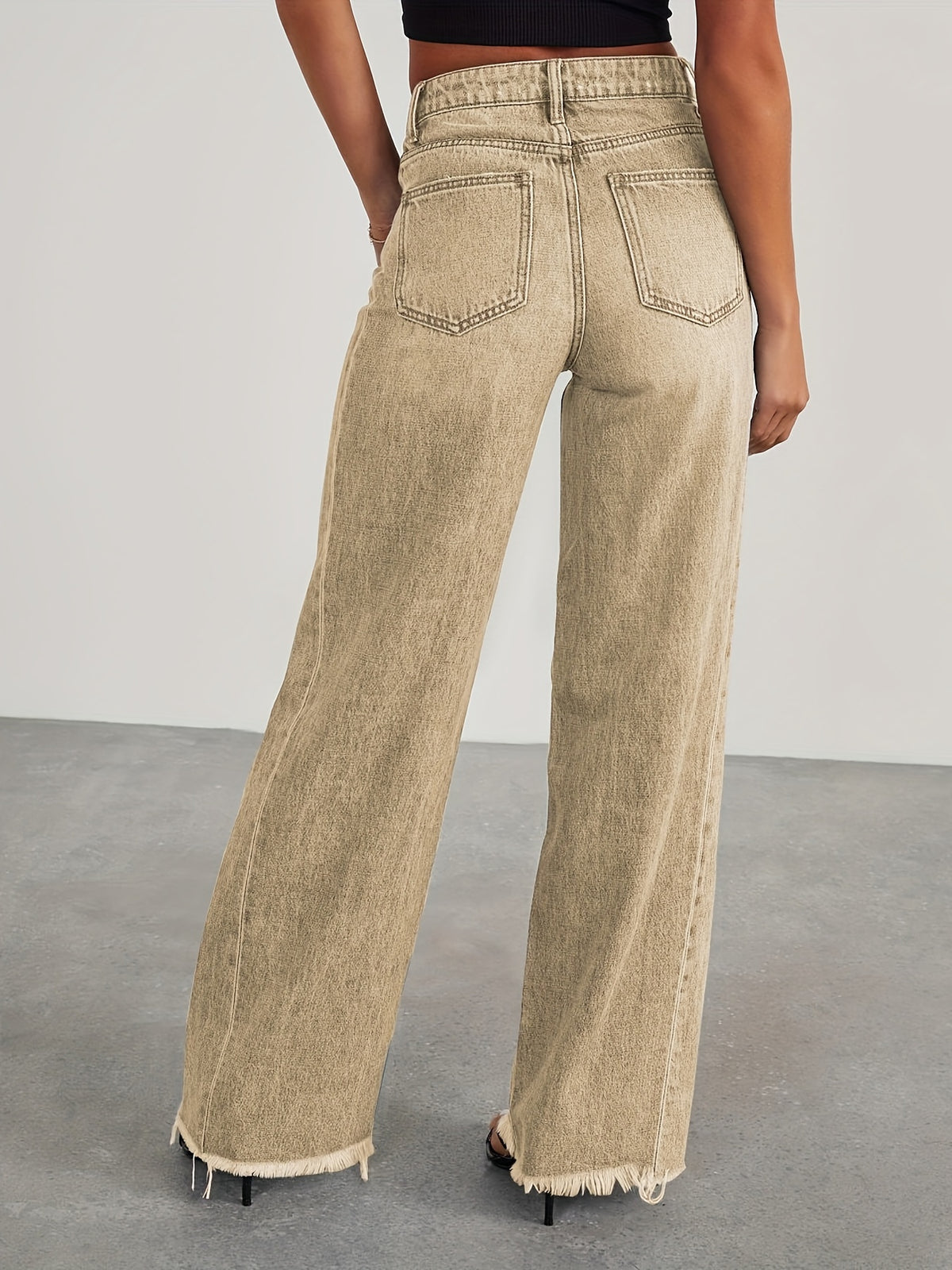 High-Waisted Wide Leg Jeans for Women - Casual Baggy Stretch Denim Pants with Pockets, Relaxed Fit Solid Color Trousers for Everyday & Weekend Wear