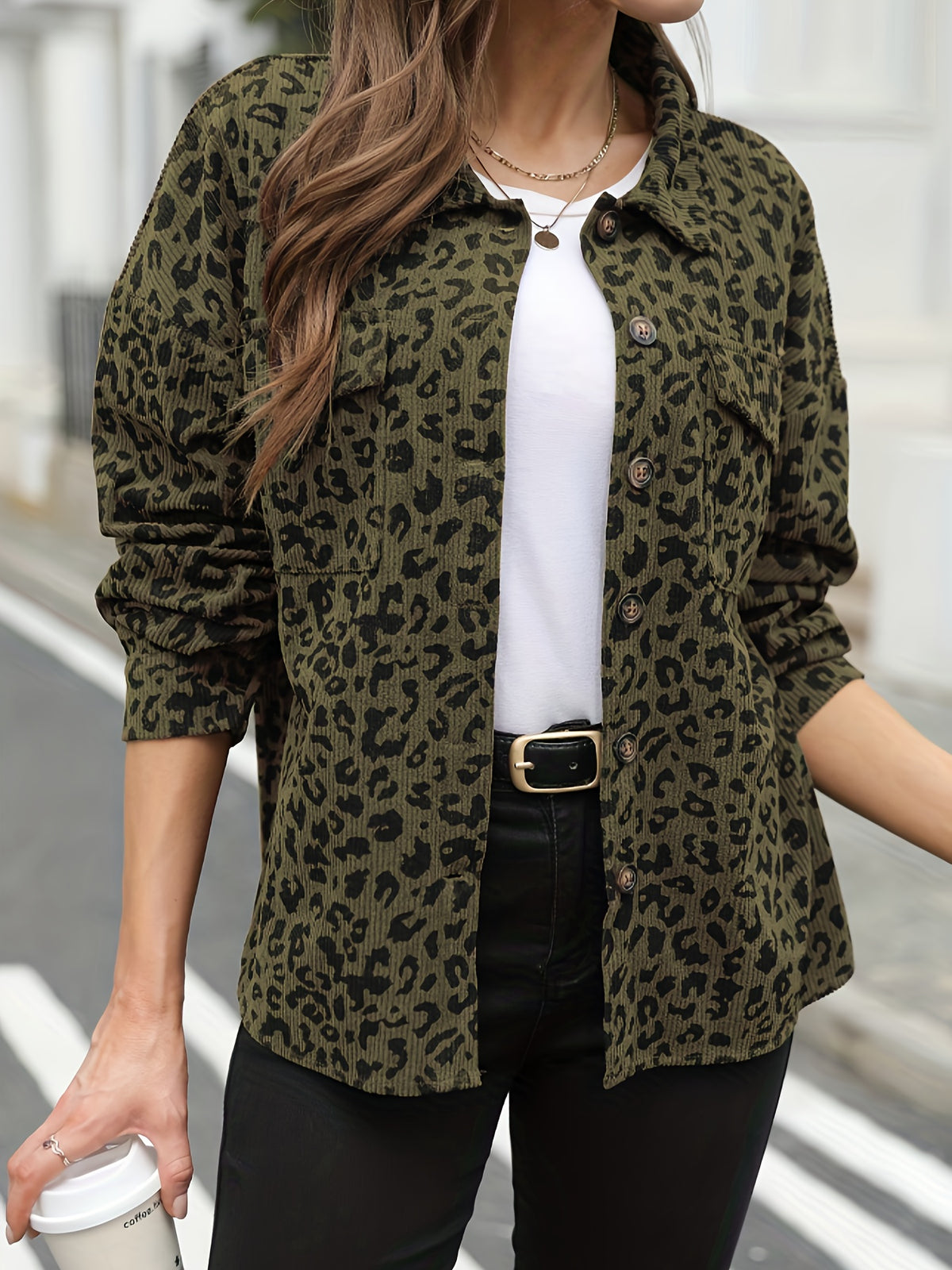 Women's Leopard Print Corduroy Shacket Jacket Loose Fit Mid-Length Casual Long Sleeve Shirt Jacket S-XXL