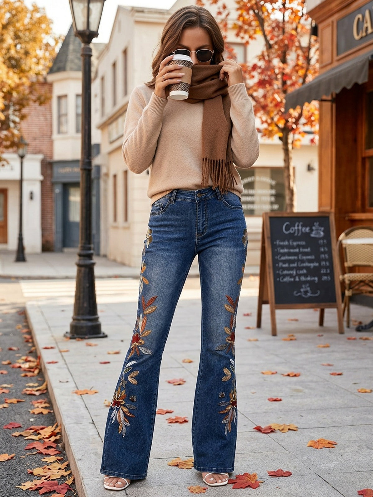 Women's Flared Denim Jeans Flower Embroidery Elastic Waist Washed Bootcut Casual All Season S-XXL