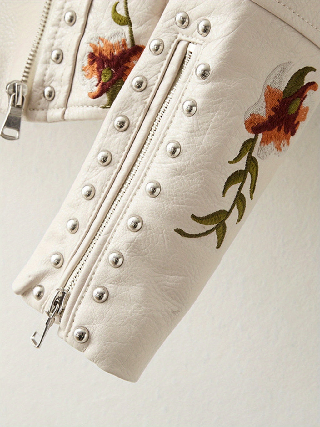 Floral Embroidered Moto PU Jacket Women Studded Faux Leather Coat Casual All Season Streetwear Biker Jacket