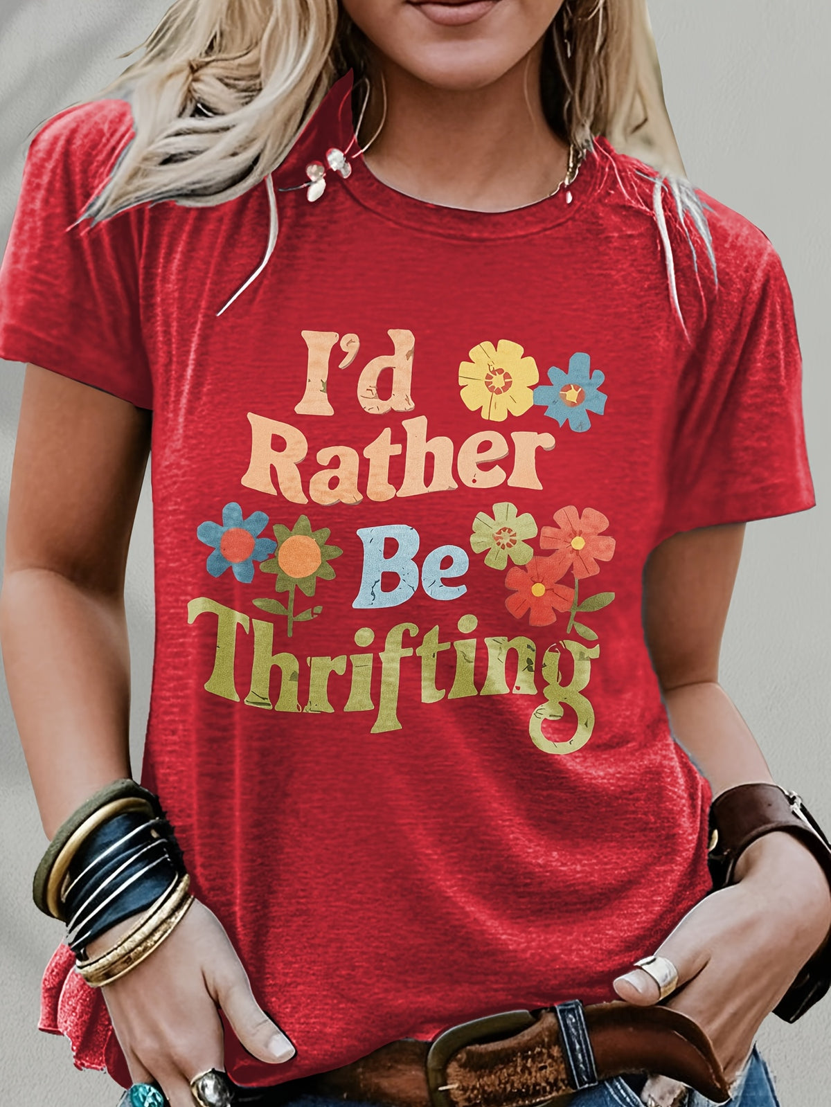 Women's 'I'd Rather Be Thrifting' Graphic Tee Vintage Crew Neck Short Sleeve Casual T-Shirt Navy Red S-XXL