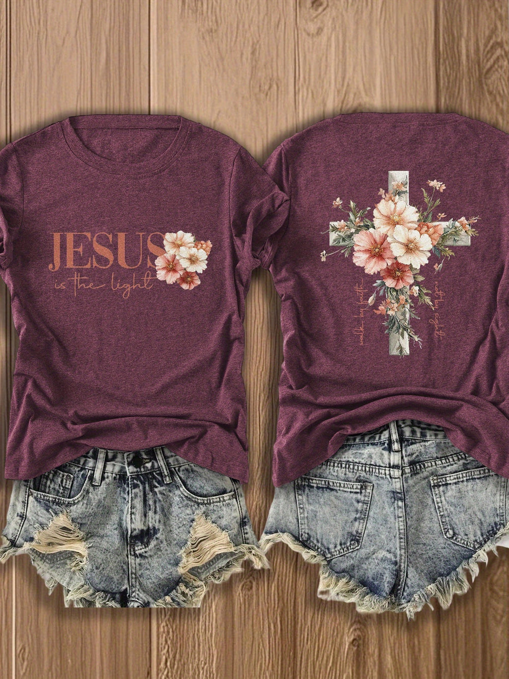 Jesus Floral Cross Double-Sided Print T-Shirt for Women - Faith Inspired Crew Neck Casual Christian Tee Summer Trendy Graphic Top