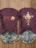 Jesus Floral Cross Double-Sided Print T-Shirt for Women - Faith Inspired Crew Neck Casual Christian Tee Summer Trendy Graphic Top