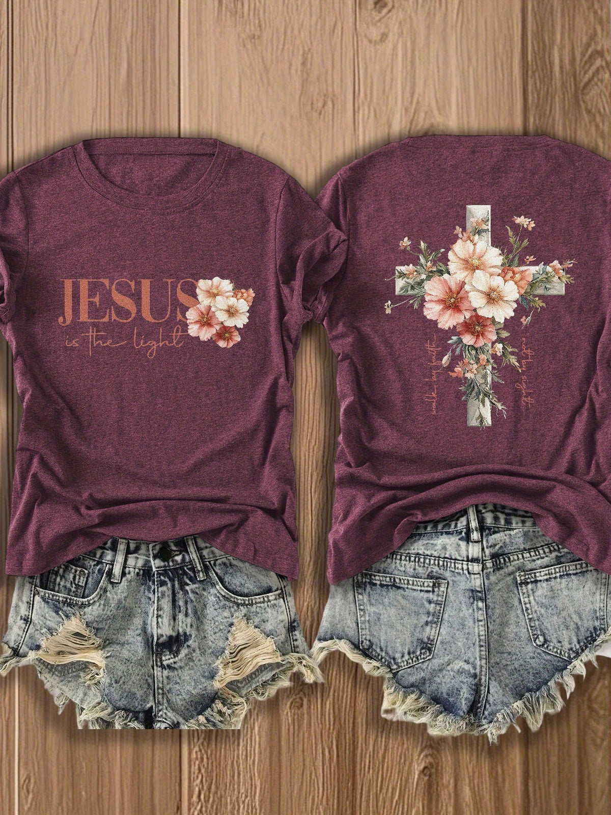 Jesus Floral Cross Double-Sided Print T-Shirt for Women - Faith Inspired Crew Neck Casual Christian Tee Summer Trendy Graphic Top