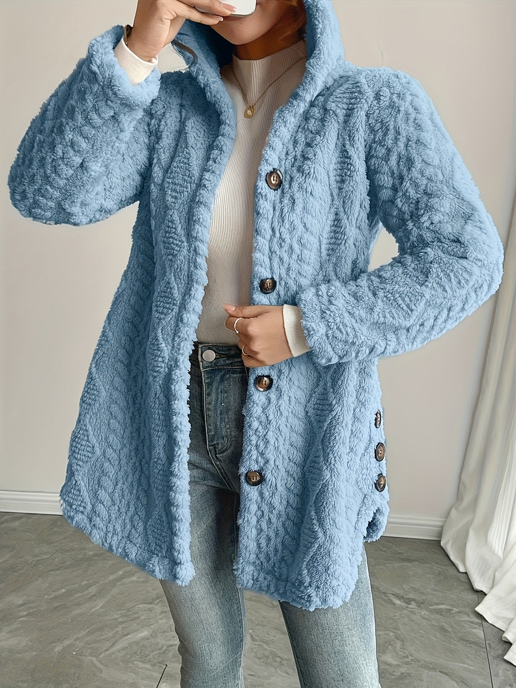 Hooded Fuzzy Coat Women Mid-Length Jacket with Buttons Soft Warm Fleece Fall Winter Outerwear 5 Colors S-XXL