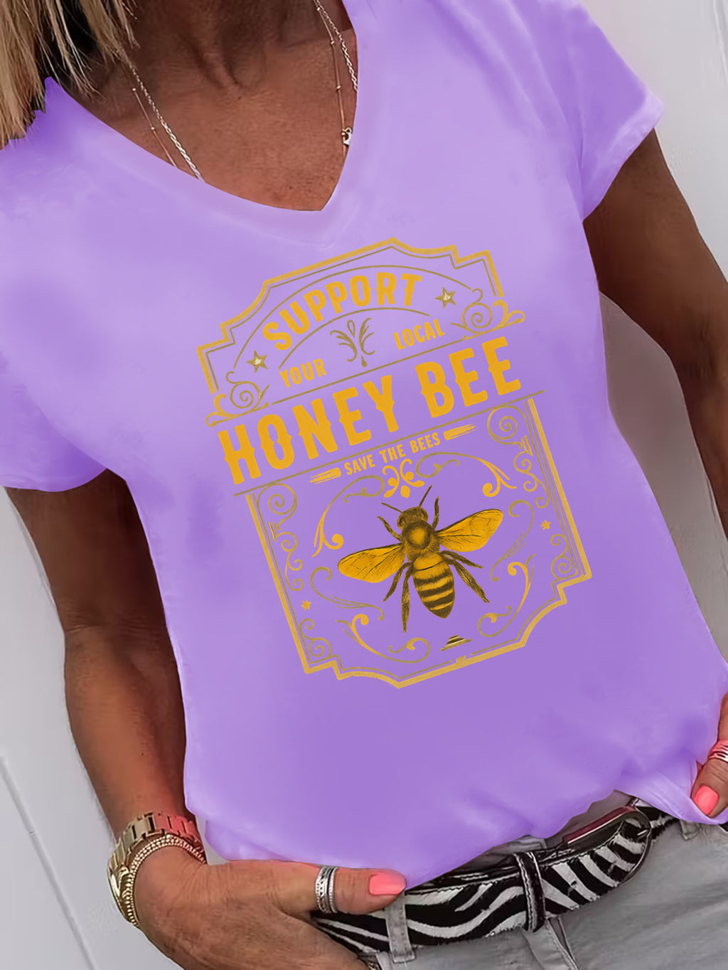 Women's Graphic V-Neck Tee Support Local Honey Bee Save The Bees Short Sleeve Top Loose Fit Casual T-Shirt Multi Color