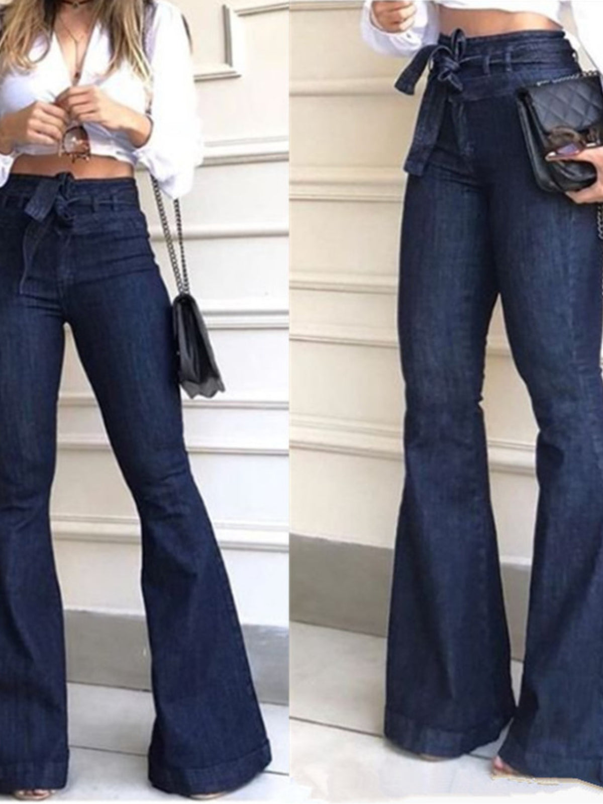 High Waist Flared Wide Leg Jeans Women Retro 70s Style Ripped Elastic Waistband Belt Accent Loose Fit Casual Cocktail Party Blue S-XXL