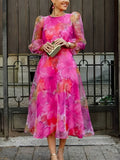 Floral Print Chiffon Maxi Dress Women Ombre Gradient Long Sleeve Back Zipper Flowy Wedding Guest Party Dress