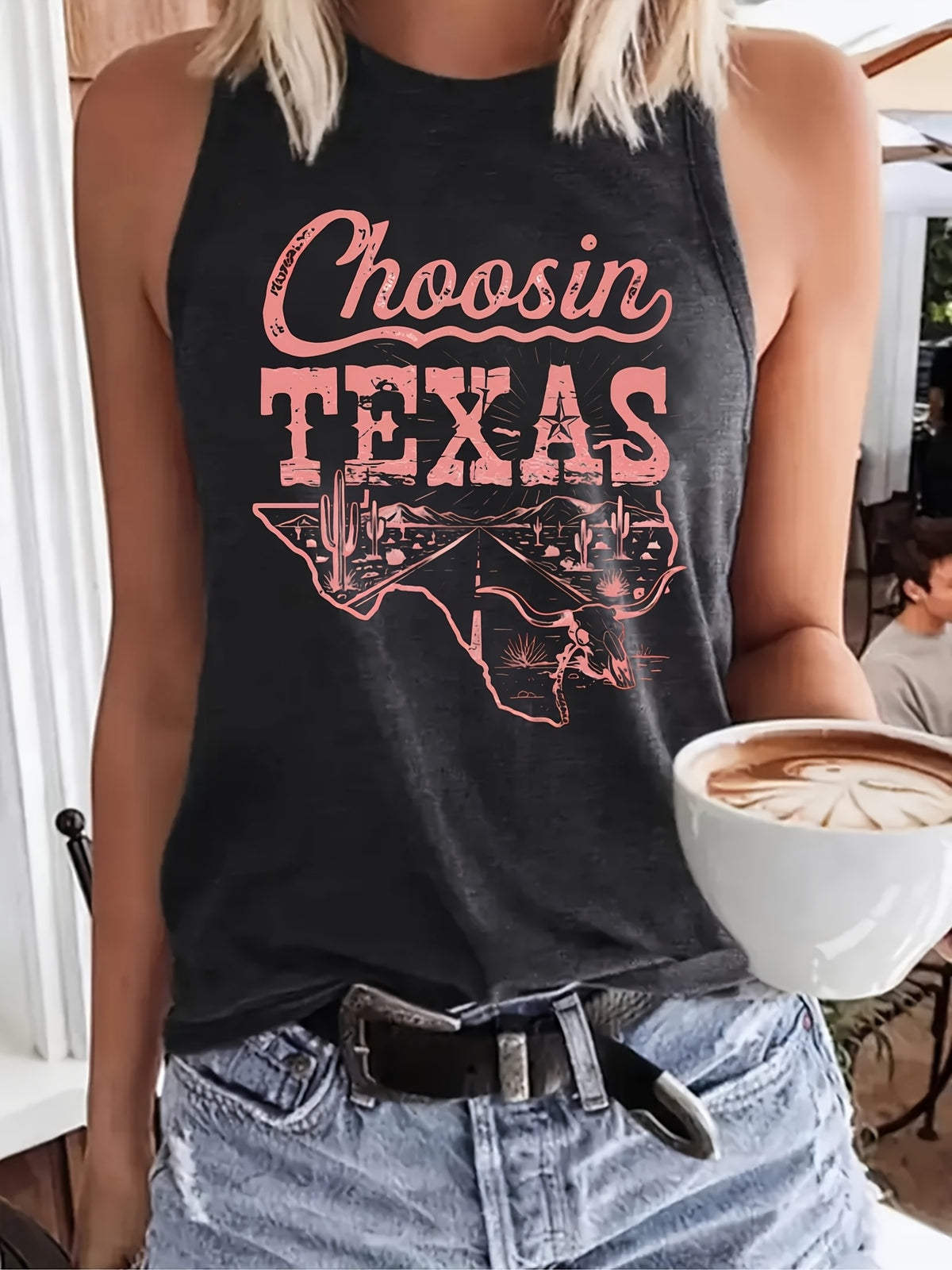 Texas Outline Print Sleeveless Tank Top for Women - Loose Casual Breathable Round Neck T-Shirt Vest, Lightweight Machine Washable Summer Top for Outdoor & Everyday Wear