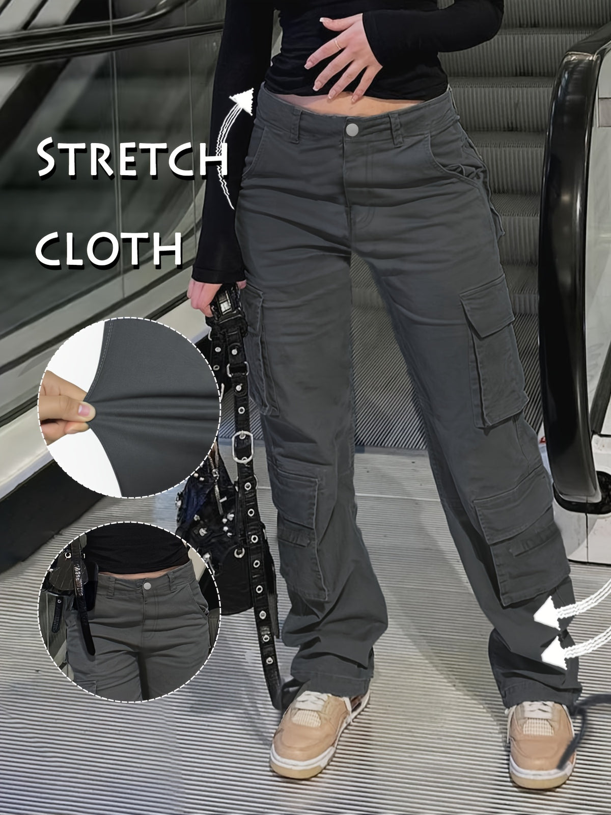 Y2K Retro Wash Women's Work Pants Multi-Pocket Casual Straight Leg Khaki Black Gray S-XXL