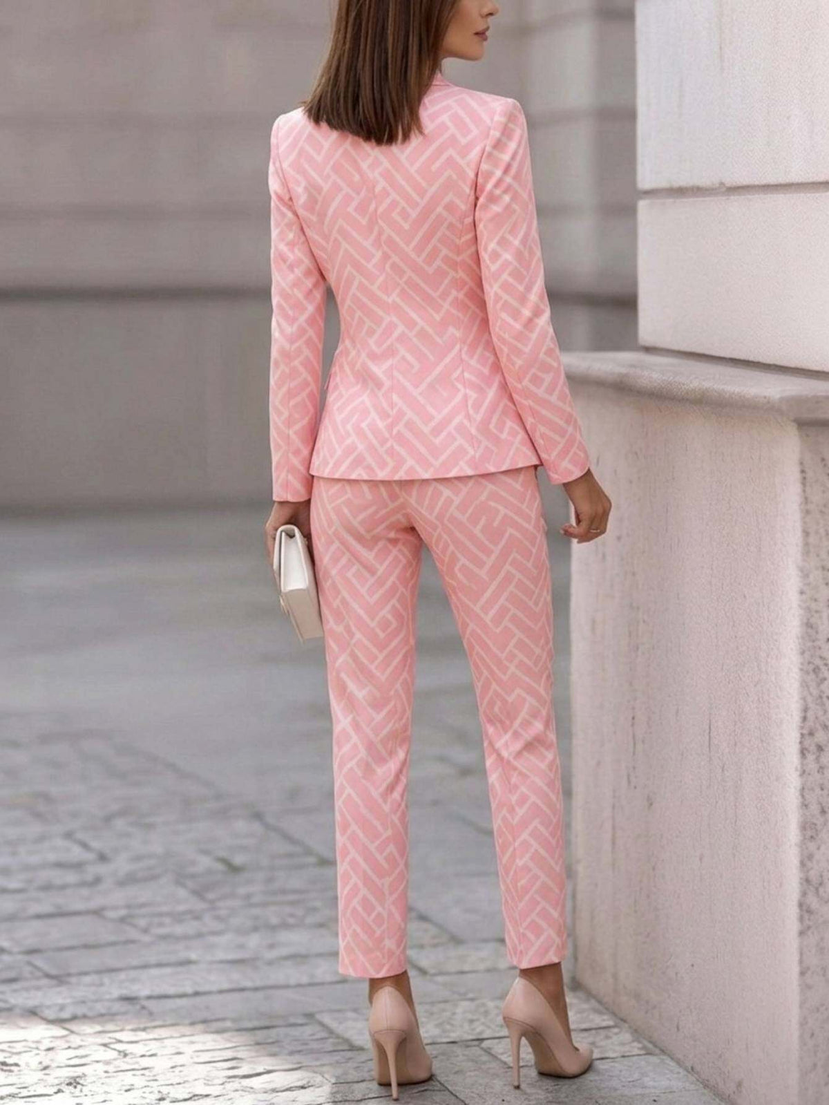 Pink Geometric Jacquard Blazer and Flared Pants 2-Piece Set Women Waist-Tailored Elegant Office Light Luxury All Season S-XXL