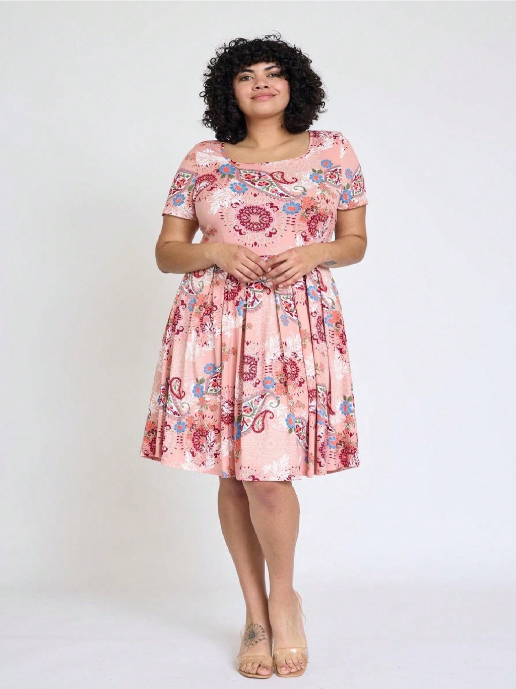 Paisley Floral Swing Dress Women Chevron Stripe Patchwork Pleated Square Neck Elastic Waist Midi Casual Plus Size S-3X