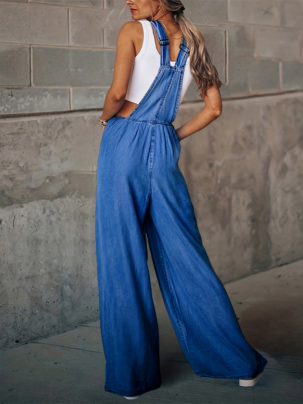 Women's Wide-Leg Denim Overall Pants Adjustable Shoulder Straps Large Pockets Loose Casual S-XXL
