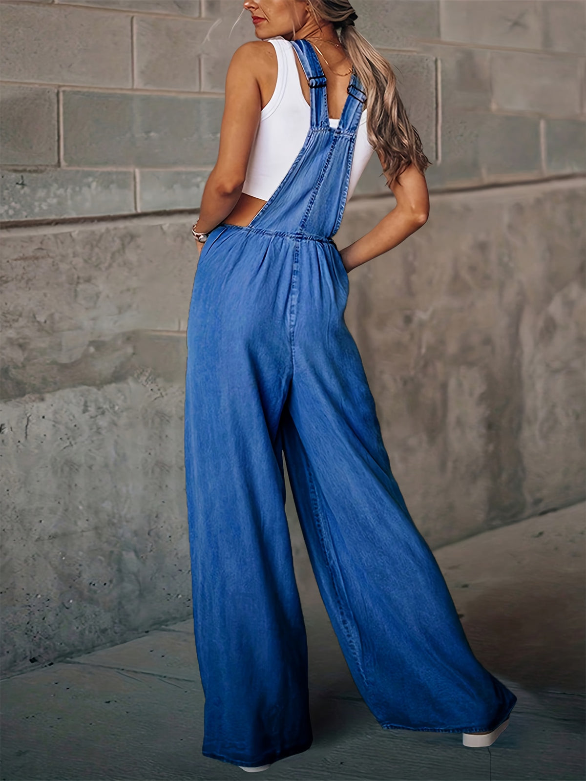 Women's Wide-Leg Denim Overall Pants Adjustable Shoulder Straps Large Pockets Loose Casual S-XXL