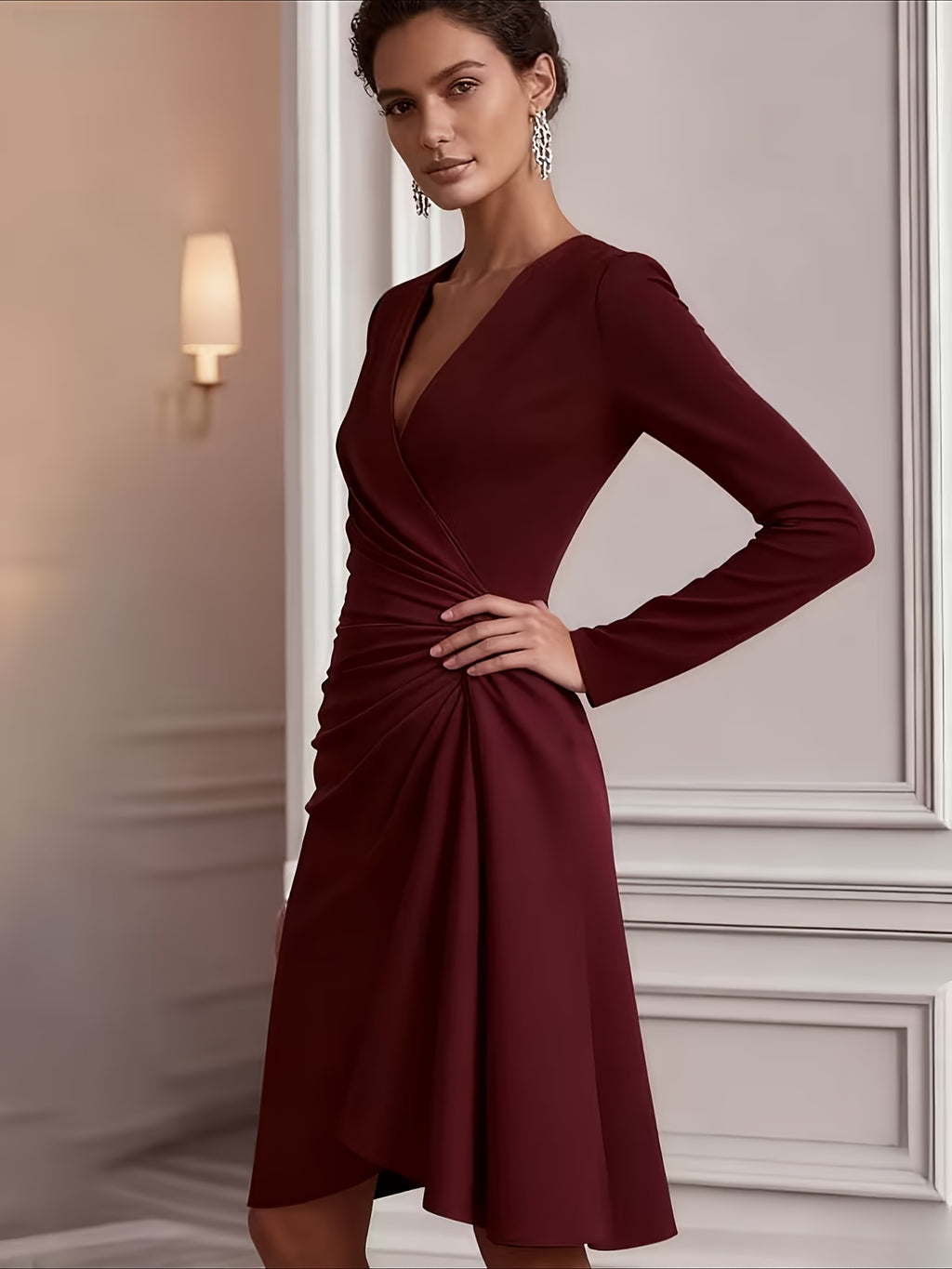 Pleated Waist V-Neck Slim Dress Women Long Sleeve Solid Color Waist-Cinching Elegant Work Party Daily Spring Fall Dress S-XXL