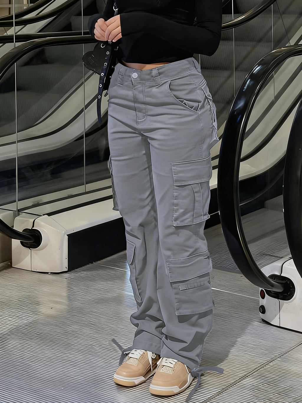 Y2K Retro Wash Women's Work Pants Multi-Pocket Casual Straight Leg Khaki Black Gray S-XXL