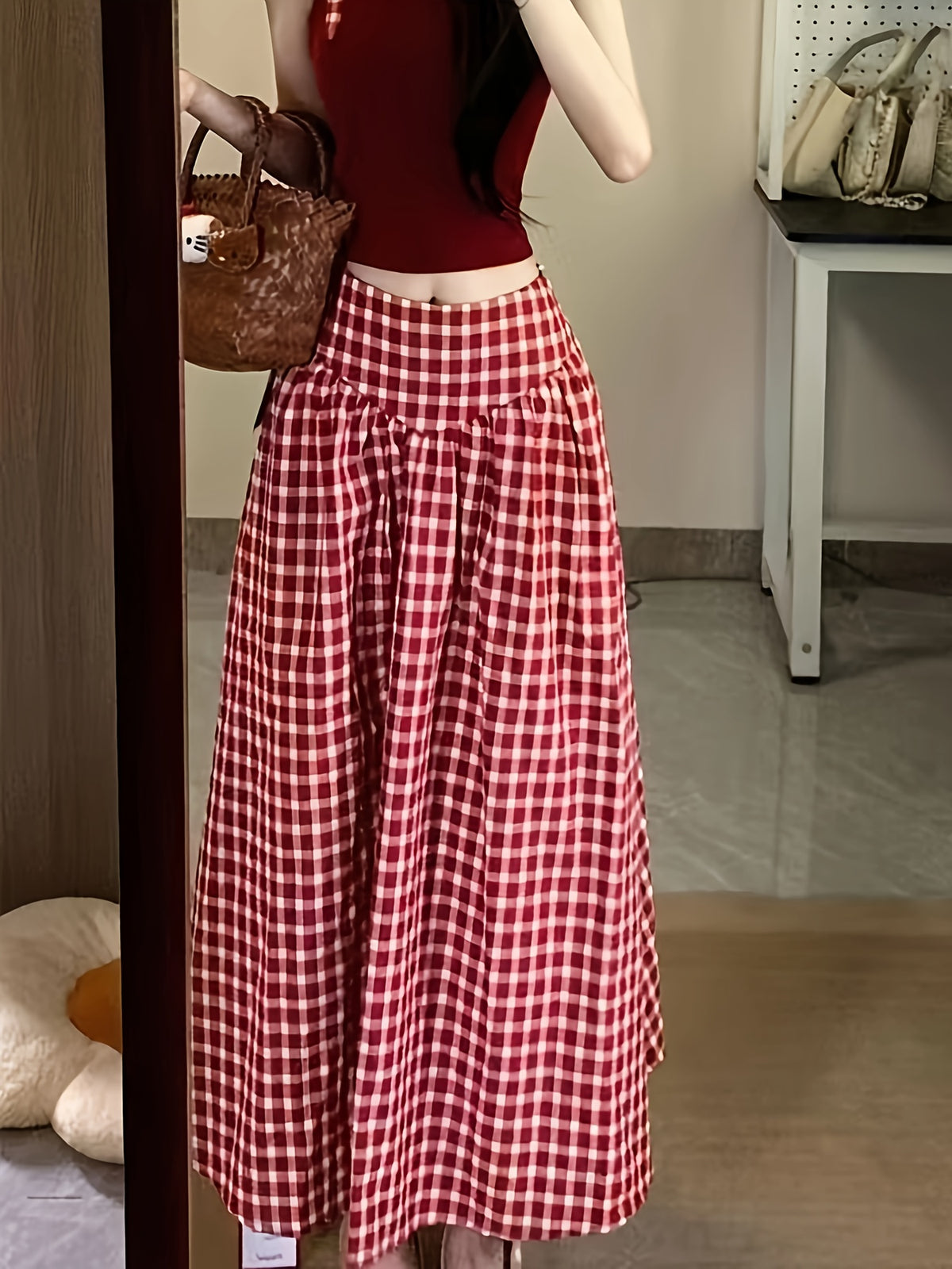 Plaid High Waist A-Line Midi Skirt for Women Checkered Woven Opaque Flowing Mid Length Skirt Spring Fall Casual Streetwear Blue White Black White S-XXL